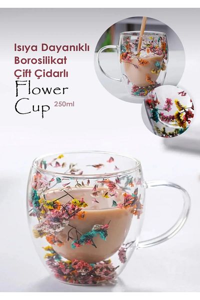 Efilium 250m Dried Floral Pattern - Borosilicate Cup Mug Cup with Glass and Double Wall