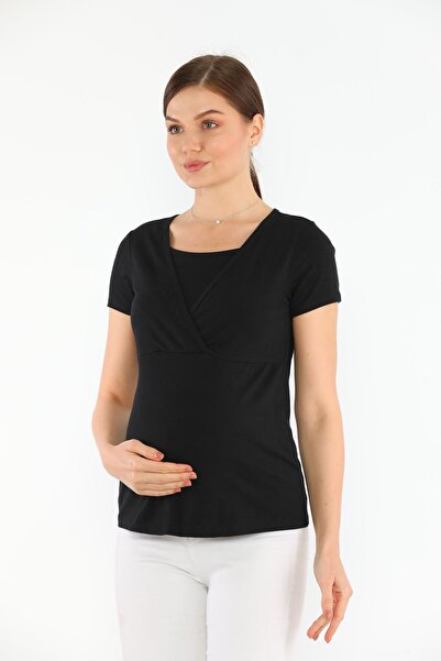 MEGHAN L.A Μαύρη μπλούζα από βαμβακερό ελαστικό ύφασμα εγκυμοσύνης με χαρακτηριστικά θηλασμού