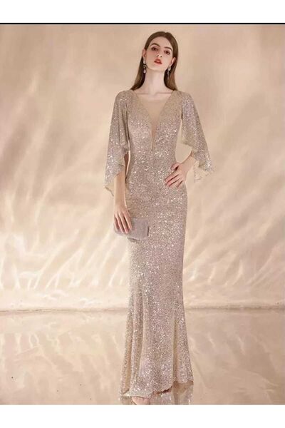 elissaa V YAKA MELEK KOL PULPAYET UZUN ABİYE ELBİSE