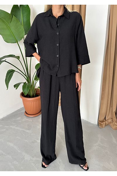 Laluvia Set cămașă și pantaloni din in negru model 8186