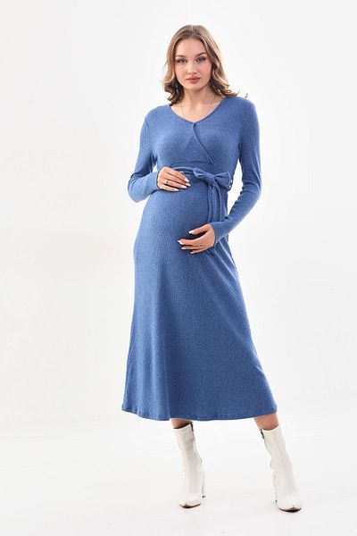 MEGHAN L.A Rochie înfășurată din țesătură moale de maternitate albastră
