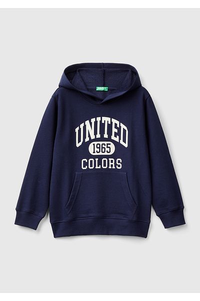 United Colors of Benetton Boy's Front Logo Printed Ribbed Hooded Sweatshirt