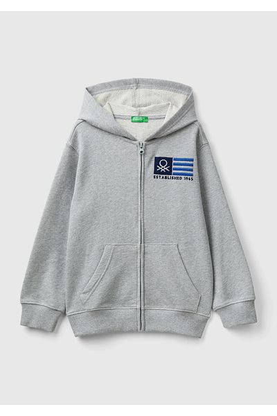 United Colors of Benetton Erkek Çocuk Gri Melanj Önü Logo İşlemeli Fermuarlı ve Kapüşonlu Sweatshirt