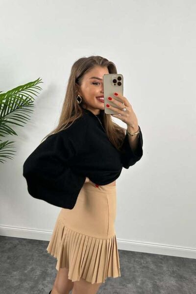 MELEK KOSTAK Beige Pleated Double Fabric Mini Skirt