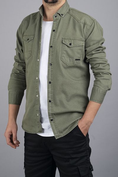 bombe Grünes Slim-Fit-Jeanshemd für Herren aus Baumwolle