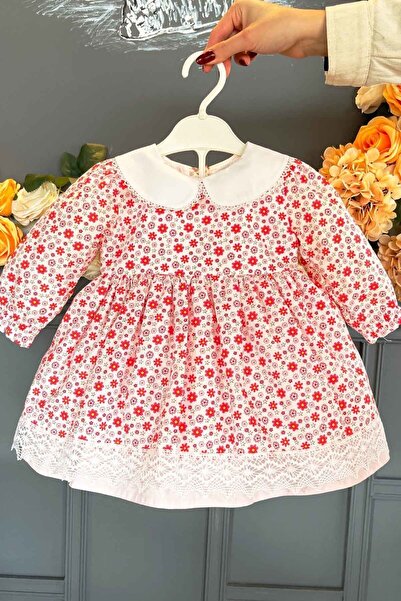 Bertuğ Bebek Bebe Yaka Dantel Detaylı Çiçekli Kız Çocuk Bebek Pamuklu Elbise ( 3 Renk)