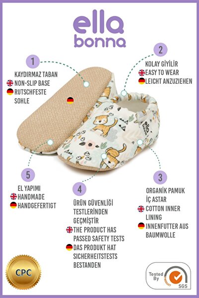 Ella Bonna Cat Patterned Baby Booties - Non-Slip Sole, Home Boots and Nursery Slippers