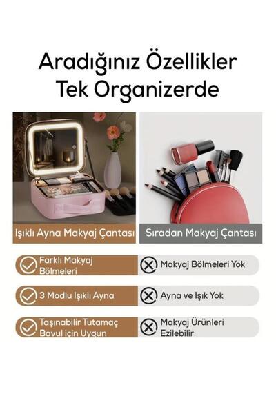 MUJGAN Çok Amaçlı Led Aynalı Bölmeli Seyahat Makyaj Çantası Pembe