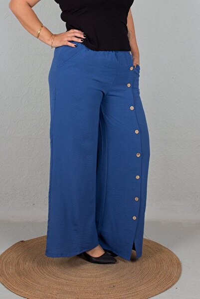 Truva XXL Țesătură Aerobin albastră - Pantaloni de mărime mare cu picioare largi și nasturi în față