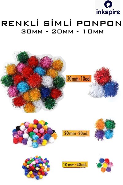 inkspire Simli Ponpon 10 Mm 20 Mm 30 Mm 70 Li Karışık Boy 1 Paket Metalik Pon...