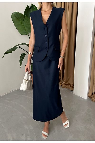 Laluvia NavY Blue PolYviscon mellény és ceruzaszoknya szett - zsebekkel és hasítékokkal