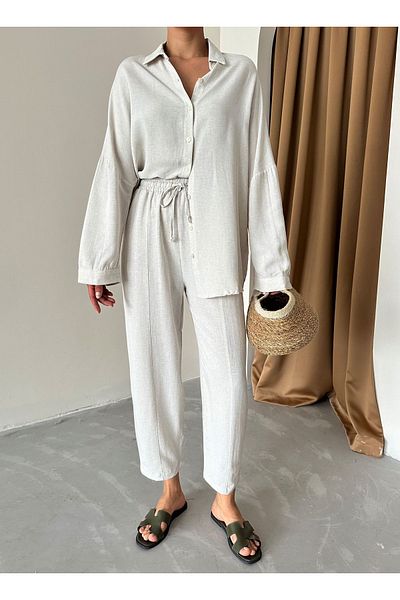 Laluvia Leinenhemd, Shalwar und Hose Set - Naturleinen