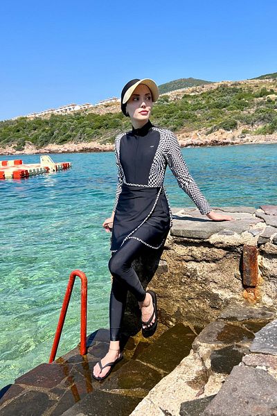 C&City Vollständig bedeckter Hijab-Badeanzug mit Rock und Strumpfhose C13059, kariert