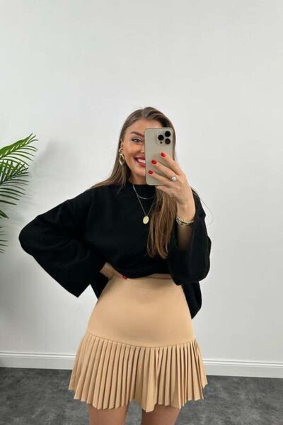 MELEK KOSTAK Beige Pleated Double Fabric Mini Skirt