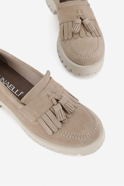TUNAELLİ Μπεζ Suede - Γυναικεία Loaker Παπούτσια, Μέγεθος 36-41, Φούντες και Γνήσιο Δέρμα