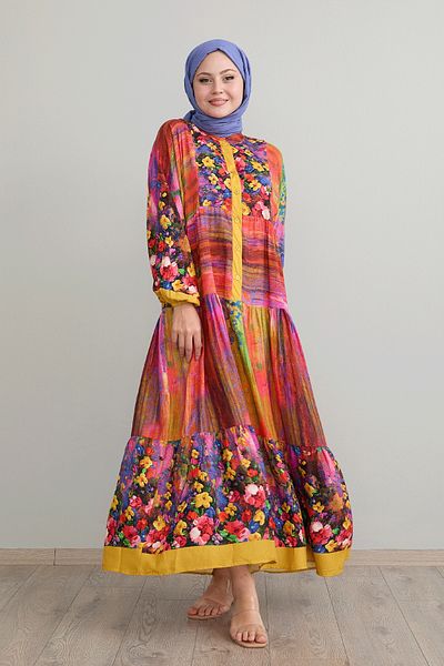 InStyle Αφηρημένο φλοράλ μουστάρδα φόρεμα βισκόζης
