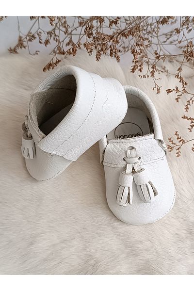 Hodore Unisex Axel Plain White Genuine Leather Baby Loafers