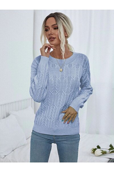 AQE FASHION Saç Örgülü Desenli Bisiklet Yaka Bebe Mavi Triko Kazak