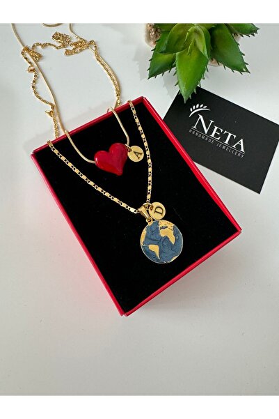 NETA TASARIM Dünya ve Kırmızı Bombeli Kalp Set 2 Harfli