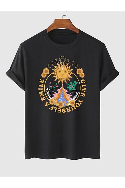 SUNFREE Μπλουζάκι με στάμπα Sun Smile - Μαύρο Oversize, Κοντό μανίκι, Crew λαιμόκοψη