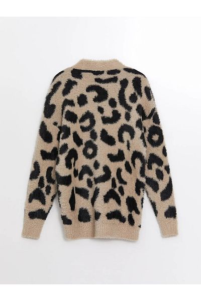 LC Waikiki LCW Modest - V-neck Leopard Print Women's Knitwear Cardigan, Long Sleeve
