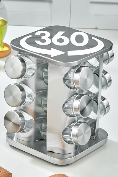vipgross GLASS SPICE SET WITH 360° ROTATING COUNTER TOP STAINLESS STAND - 12-PIECE SPICE BOX - 12-PIECE CHROME SQUARE