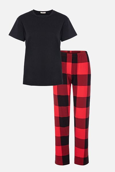 koza iç giyim Women's Short Sleeve Cotton Red Plaid Patterned Combination Pajama Set