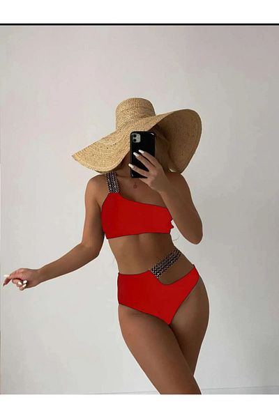 sayina One-Shoulder Red Glitter Embroidered and Lined High Waist Bikini Set