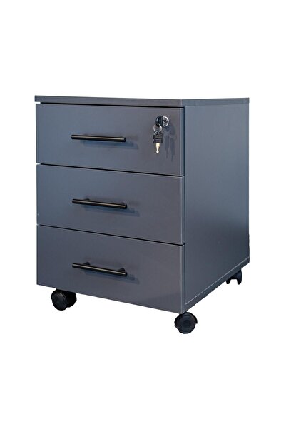 Sempre Keson Tekerlekli Ahşap, Merkez Kilitli Üç Çekmeceli ANTRASİT RENK