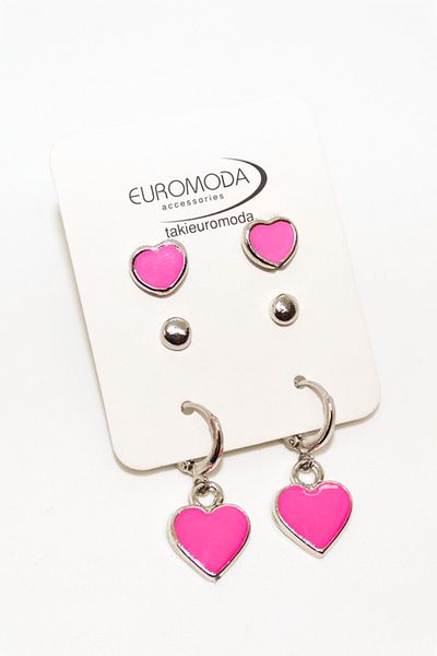 EUROMODA 3-Piece Earring Set with Ball Earrings - Heart Design