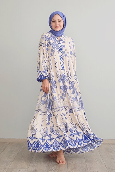 InStyle Blue Viscose Dress - Mixed Ethnic Pattern