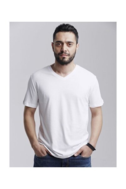 Kuun Basic Klasik V Yaka Basıc T-shırt Beyaz