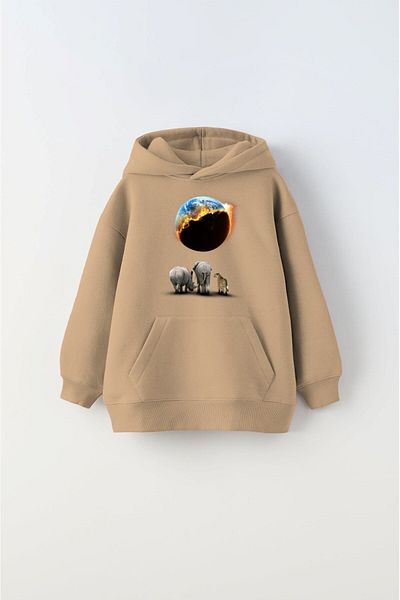 The Champ Clothing Hanorac pentru copii unisex bej - glugă, fleece Burning World și imprimeu cu animale