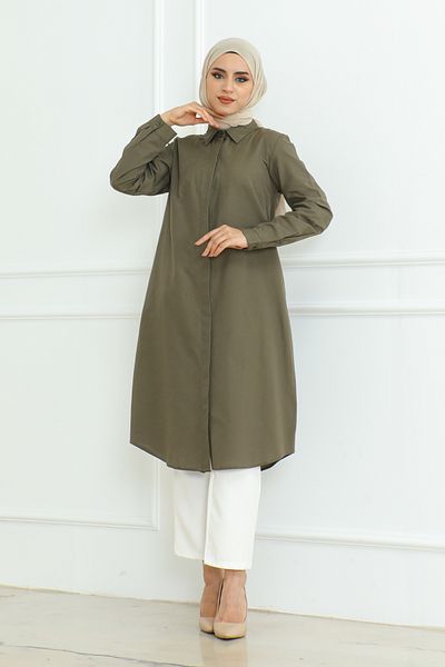 Eliva Khaki Women's Tunic - Long Sleeve, Buttoned Collar, Hijab Design