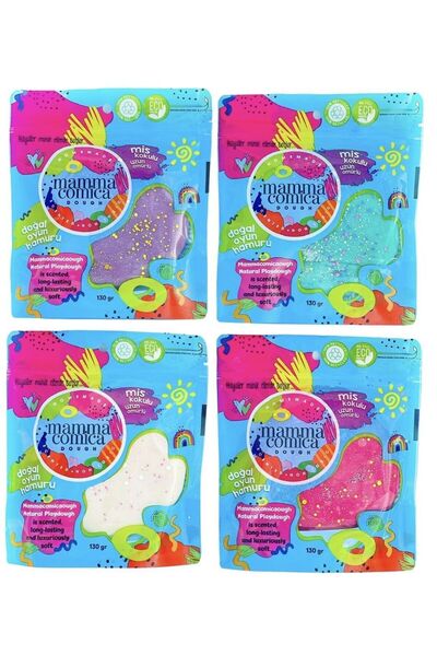 MammacomicaDough عجينة ماماكوميكا 4 عبوات - لعبة طبيعية، 4 × 130 جرام لامعة، عبوة إعادة التعبئة