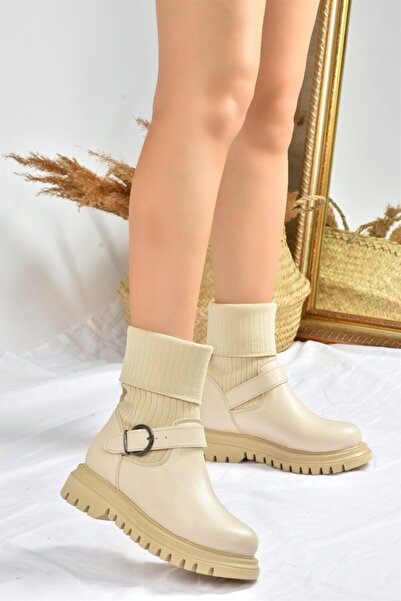 Fox Shoes Bej Kalın Tabanlı Günlük Triko Kadın Bot L524021709