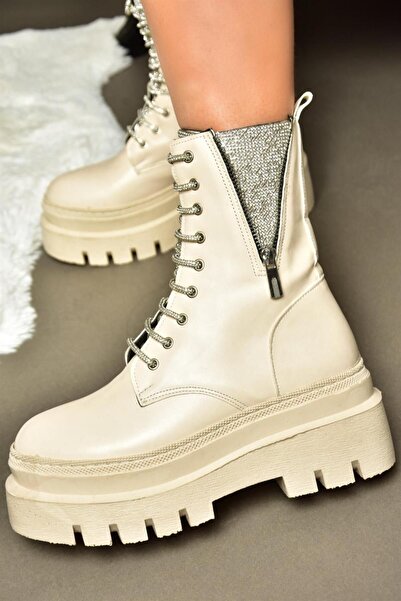 Fox Shoes R726659009 Γυναικείες μπότες μπεζ πέτρα Lace Up