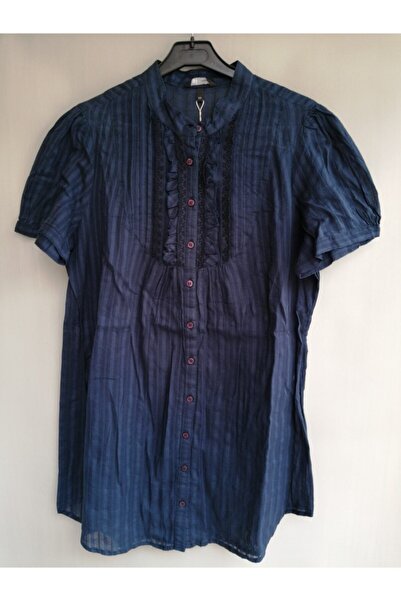 Butik Tülin navy Blue Frilly Authentic Cotton Women's Blouse