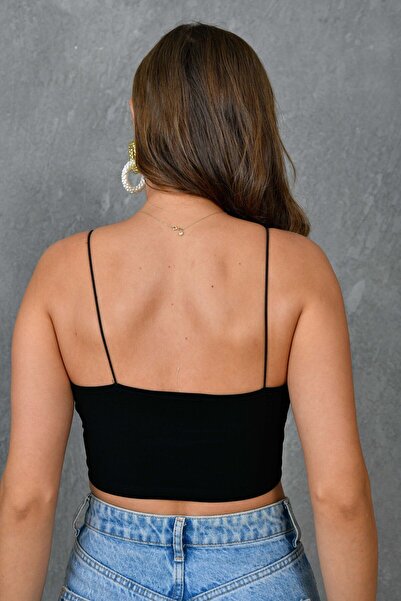 bayansepeti Μαύρη Βαμβακερή Ελαστική Μπλούζα Crop 10530