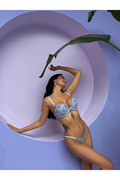 Cansoy Σετ μπλε σουτιέν - Glitter Floral Print, Push Up (683T)