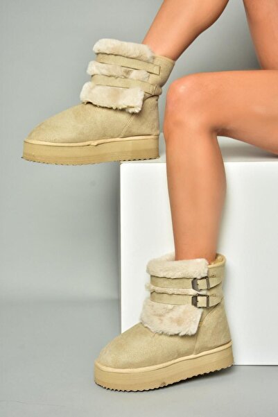 Fox Shoes R824747502 Μπεζ/Μπεζ σουέντ βελούδινα γυναικεία μποτάκια με χοντρή ...