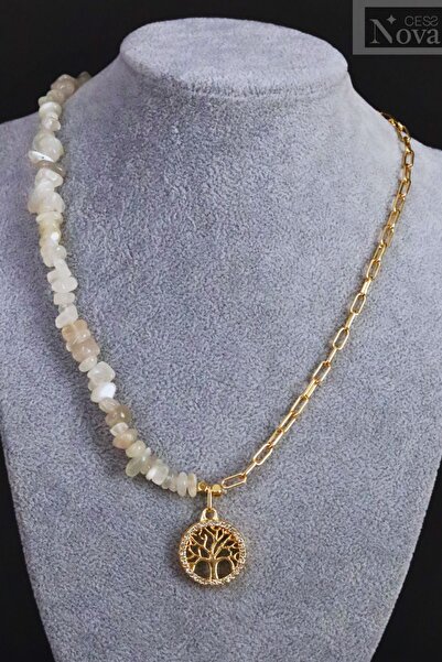 CessNova Sertifikalı Doğal Ay Taşlı Altın Kaplama Kararmaz Kolye ve Zirkon Taşlı Kolye Ucu