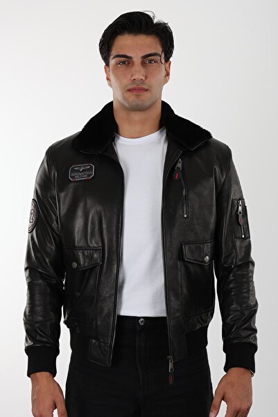 Derihouse Pilot Erkek Siyah Kısa Hakiki Deri Ceket