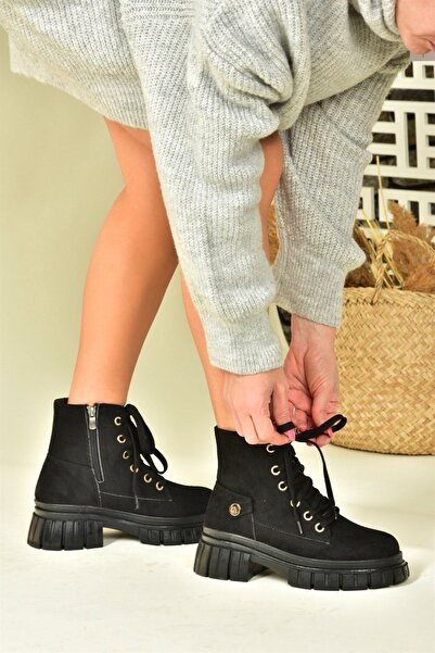 Fox Shoes Siyah Süet Kalın Tabanlı Günlük Kadın Bot N973084102