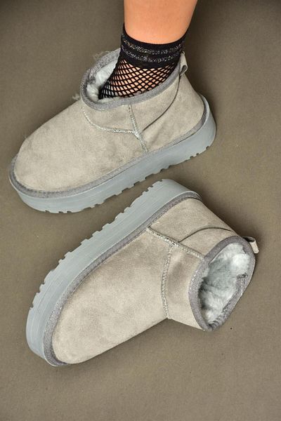 Fox Shoes Ρ 612033402   Γκρι σουέντ γούνινο εσωτερικό με χοντρή σόλα μισές γυναικείες μπότες