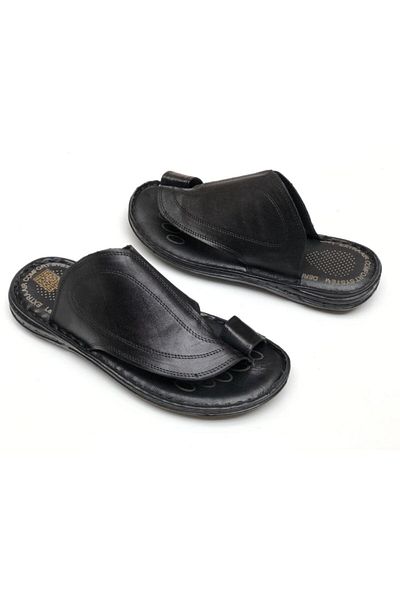 AYALP Men's Black Genuine Leather Flip Flops Orthopedic Slippers