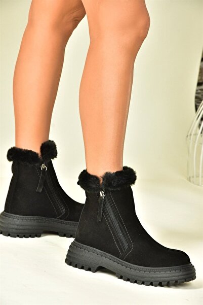 Fox Shoes Μαύρα γνήσια σουέτ με χοντρή σόλα καθημερινά γυναικεία μποτάκια N654080602