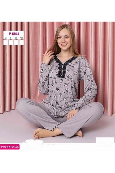 Sude Bamboo Interlock V-neck Embroidered Long Sleeve Women's Pajamas Set - P5044