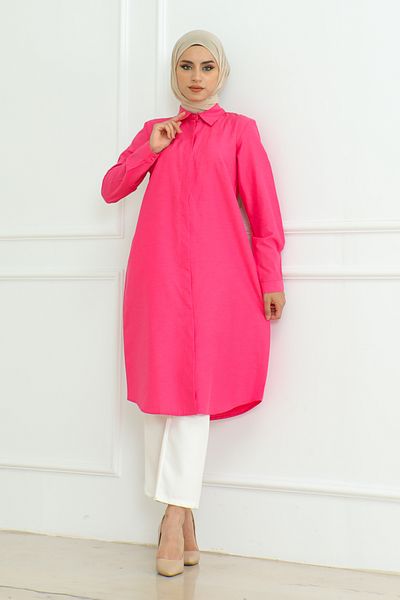 Eliva Fuchsia Women's Tunic - Long Sleeve, Button and Hijab Design