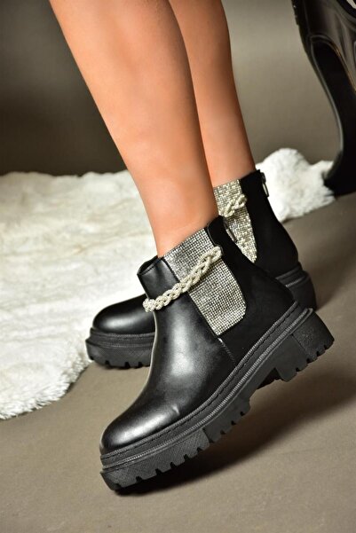 Fox Shoes R726418209 Siyah Taşlı Kalın Tabanlı Kadın Bot